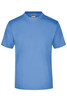 A blue T-shirt featuring a crew neckline and short sleeves, with a logo on the label.