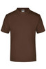 A brown round-neck t-shirt made from medium-weight fabric, featuring a brand logo on the label.