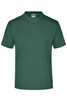 A green t-shirt with a round neck. The shirt has a label and features a logo.