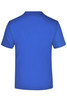 A blue T-shirt with a plain back, featuring a logo on the upper neck area.