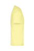 A yellow T-shirt displayed from the side, featuring a simple design and a logo.