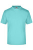 A turquoise t-shirt with a round neck and short sleeves, featuring a logo on the label.