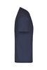 A navy blue T-shirt with short sleeves, featuring a logo on the side.