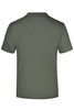 A plain olive green T-shirt with a round neck and short sleeves. The back is visible, featuring no text or designs.
