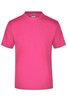 A pink t-shirt with a round neck and short sleeves, featuring a label inside.