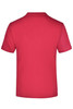 A red T-shirt featuring a plain back and short sleeves, with a branding label at the back neck.
