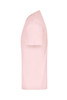A light pink T-shirt displayed from the side, featuring a simple design and a logo on the fabric.