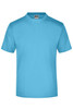 A light blue t-shirt featuring a round neck and short sleeves, with a brand logo on the label.