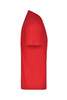 A red T-shirt displayed from the side, featuring a smooth, simple design and a logo.