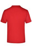 A red T-shirt with a plain back and short sleeves, featuring a logo.