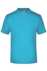 A medium-sized t-shirt in a vibrant turquoise colour, featuring a simple design and a logo on the label.