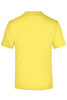 A yellow T-shirt with a round neck and short sleeves, featuring a logo on the back.