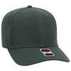 A dark green 6-panel baseball cap with a curved brim and a logo tag on the side.