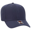 A navy blue 6 panel baseball cap featuring a curved brim and a logo tag.