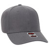 A grey 6 panel baseball cap with a curved brim and a logo on the front.