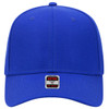 A blue 6-panel mid-profile baseball cap with a logo label on the front.