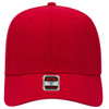 A red mid-profile baseball cap featuring a structured design and a logo on the front.