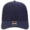 A navy blue 6 panel mid profile baseball cap featuring a logo on the front.