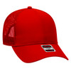 A red 6-panel trucker hat featuring mesh panels at the back and a logo on the front.