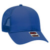 A blue 6 panel trucker hat with a mesh back and a branded tag at the front.