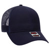 A navy blue 6 panel trucker hat features a mesh back and a front panel with a logo.