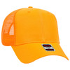 A bright orange 6-panel trucker hat with mesh side panels and a branded patch on the front.