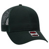 A dark green 6 panel trucker hat featuring a mesh back and a branded tag on the front.
