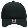 A black 6 Panel Mid Profile Trucker Cap with mesh back and adjustable strap, featuring a logo tag.