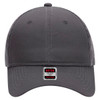 A grey 6 panel mid profile trucker cap with a mesh back and a logo label on the front.