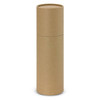 A drink bottle with a bamboo lid in a cylindrical kraft cardboard packaging. The bottle features a logo.