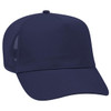 A navy blue 5 Panel Mid Profile Trucker Cap with a mesh back and a curved brim, featuring a logo.