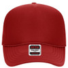 A red 5-panel mid profile trucker cap with a foam front and mesh back, featuring a logo on the front.