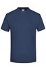 A navy blue V-neck T-shirt with short sleeves and a label inside. The shirt features a logo on the back.