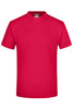 A red V-neck T-shirt with short sleeves and a label inside. The shirt features a logo.