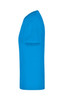 A bright blue t-shirt, featuring a simple design and a logo, displayed from the side view.