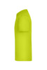 A side view of a bright yellow t-shirt, featuring short sleeves and a standard fit. The shirt has a logo.