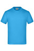 A bright blue T-shirt featuring a round neck and short sleeves, with a brand logo on the label.