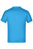 A bright blue t-shirt featuring a simple design and short sleeves, with a logo on the back.