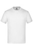 A plain white t-shirt with short sleeves and a crew neckline, featuring a logo on the label.