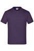 A purple T-shirt with a round neckline and short sleeves, featuring a logo on the label inside.