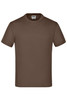 A brown Junior Basic-T shirt, featuring a round neck and short sleeves, with a logo on the label.
