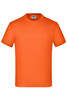 An orange T-shirt with a round neck and short sleeves, featuring a logo on the label.