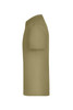 A khaki t-shirt with short sleeves and a round neckline. It features a logo on one side.