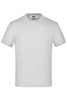 A plain white short-sleeve T-shirt featuring a round neckline and a logo on the label.