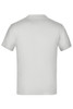 A plain white short-sleeved T-shirt with a round neckline and a logo on the back.