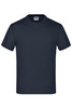 A navy blue short-sleeved t-shirt with a round neckline and a label on the inside.