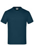 A navy blue T-shirt with a classic crew neck and short sleeves, featuring a logo on the label.