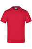 A red short-sleeve T-shirt with a round neck, featuring a logo on the label inside.