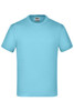 A light blue short-sleeved T-shirt with a round neckline and a label inside. It has a logo on the label.