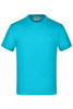 A turquoise T-shirt with short sleeves, featuring a plain design and a brand label inside the neckline.